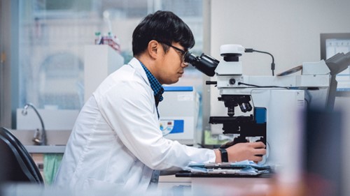 Wissenschaflter forscht an IgA-Nephropathie und schaut in ein Mikroskop